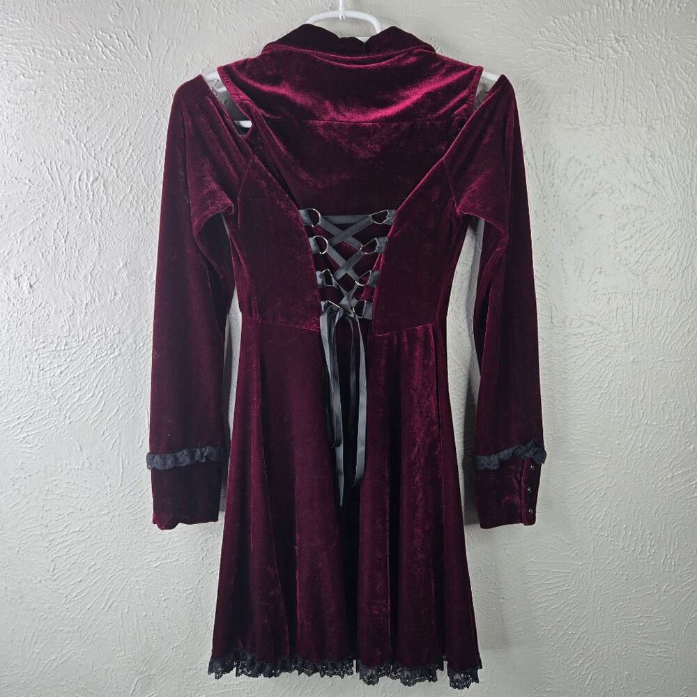 Killstar Burgundy Velvet Lace-Trim Mini Dress - Picture 3 of 13